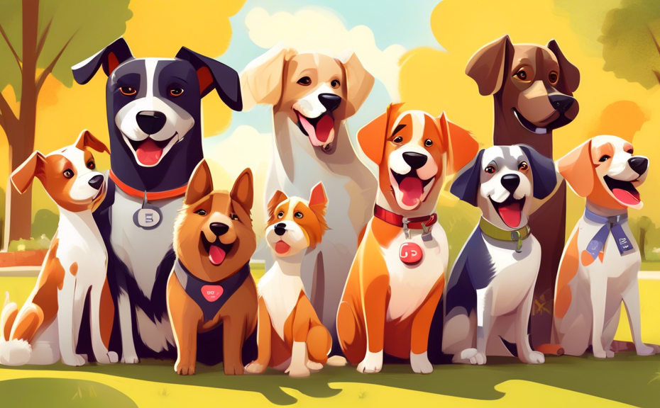 An adorable, diverse group of dogs, each with a name tag starting with the letter B, posing together in a sunny park.