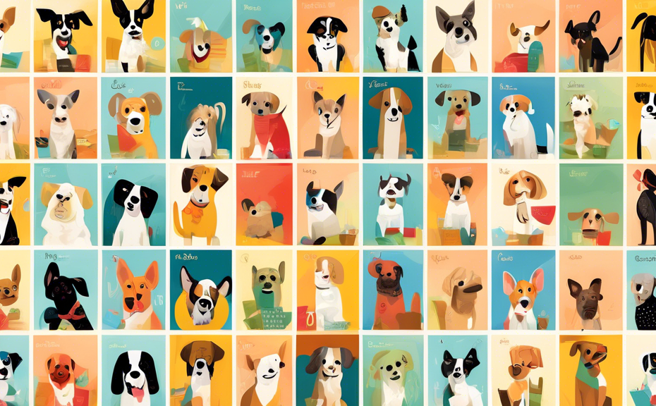 An illustrated alphabet chart where each letter is represented by a different breed of dog, with the letter 'C' highlighted and surrounded by whimsical and artistic renditions of dogs with names start