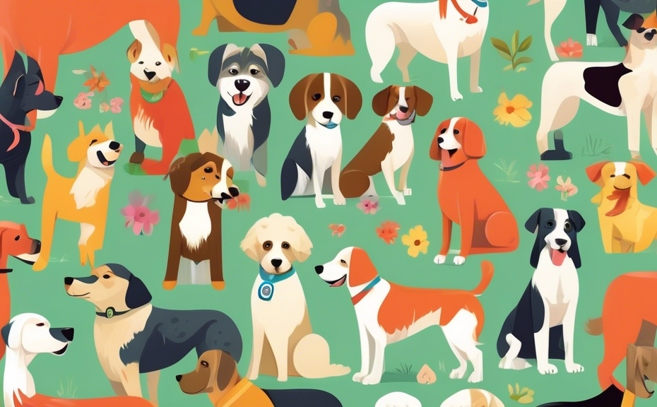 An adorable illustrated montage of various dog breeds, each with a name tag showing names that start with the letter D, set in a colorful, friendly park setting.