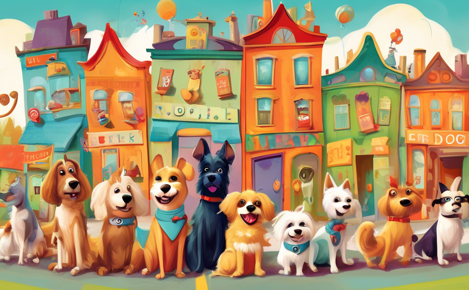 An illustration of a whimsical pet parade featuring dogs with name tags, each starting with the letter 'F', such as Fido, Fluffy, and Felix, in a colorful, storybook town setting.