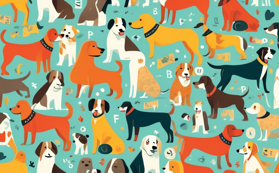 A colorful illustration of a variety of dogs, each with a tag displaying a unique name starting with the letter 'I', set in a cheerful dog park.