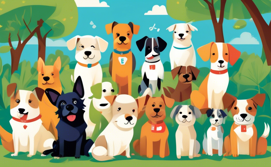 An illustrated poster featuring a variety of adorable and playful dogs, each with a name tag starting with the letter 'E', sitting together in a lush green park under a clear blue sky.