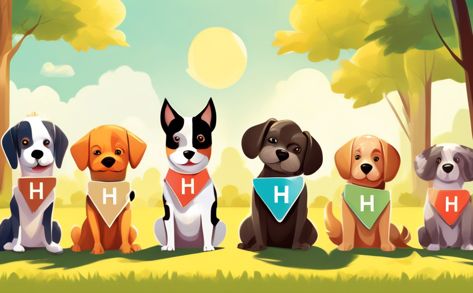 Adorable assortment of dogs, each wearing a name tag starting with the letter H, on a sunny park background