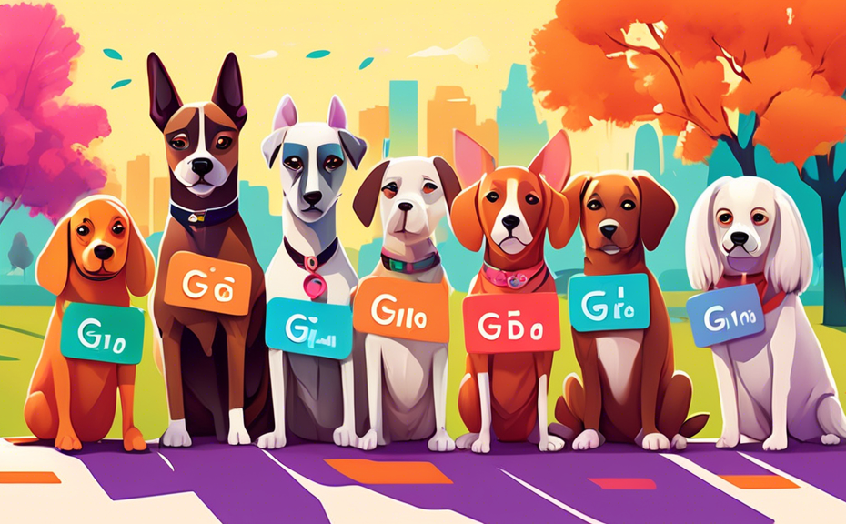 Digital artwork of cute and diverse dogs each with a name tag starting with 'G' in a colorful, playful park setting.