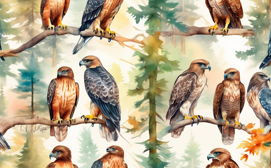 An artistic display of hawks with labels showcasing their unique and popular names, rendered in a vibrant, detailed watercolor style, set in a serene forest environment with soft sunlight filtering th