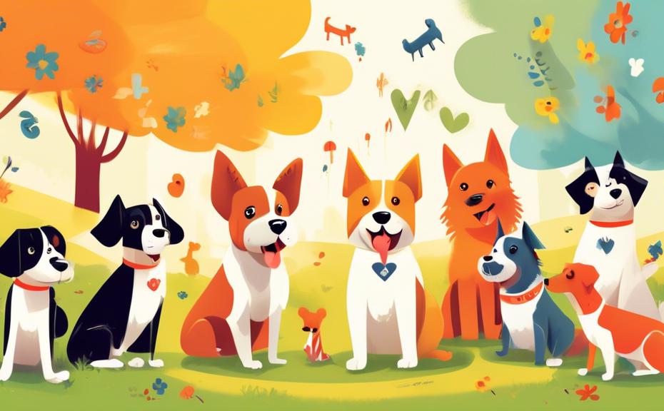 An adorable illustration of various dogs, each with a tag displaying a different name starting with 'A', playing together in a sunny park.