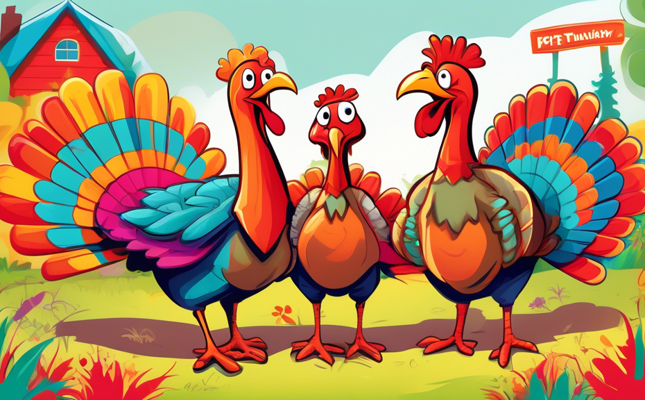 A whimsical scene of a family of pet turkeys, each with a name tag, in a colorful backyard setting, depicted in a vibrant, cartoonish style.